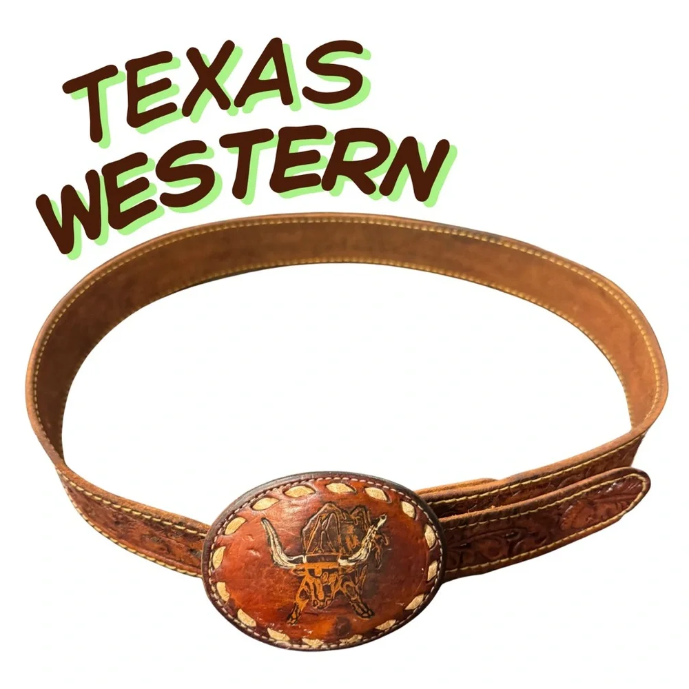 Vintage Texas Western 100% Genuine Leather Belt with Longhorn Buckle
